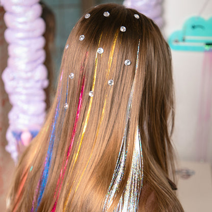 Shimmer & Style Tinsel Hair Styling Kit with colorful metallic strands and rhinestone clips