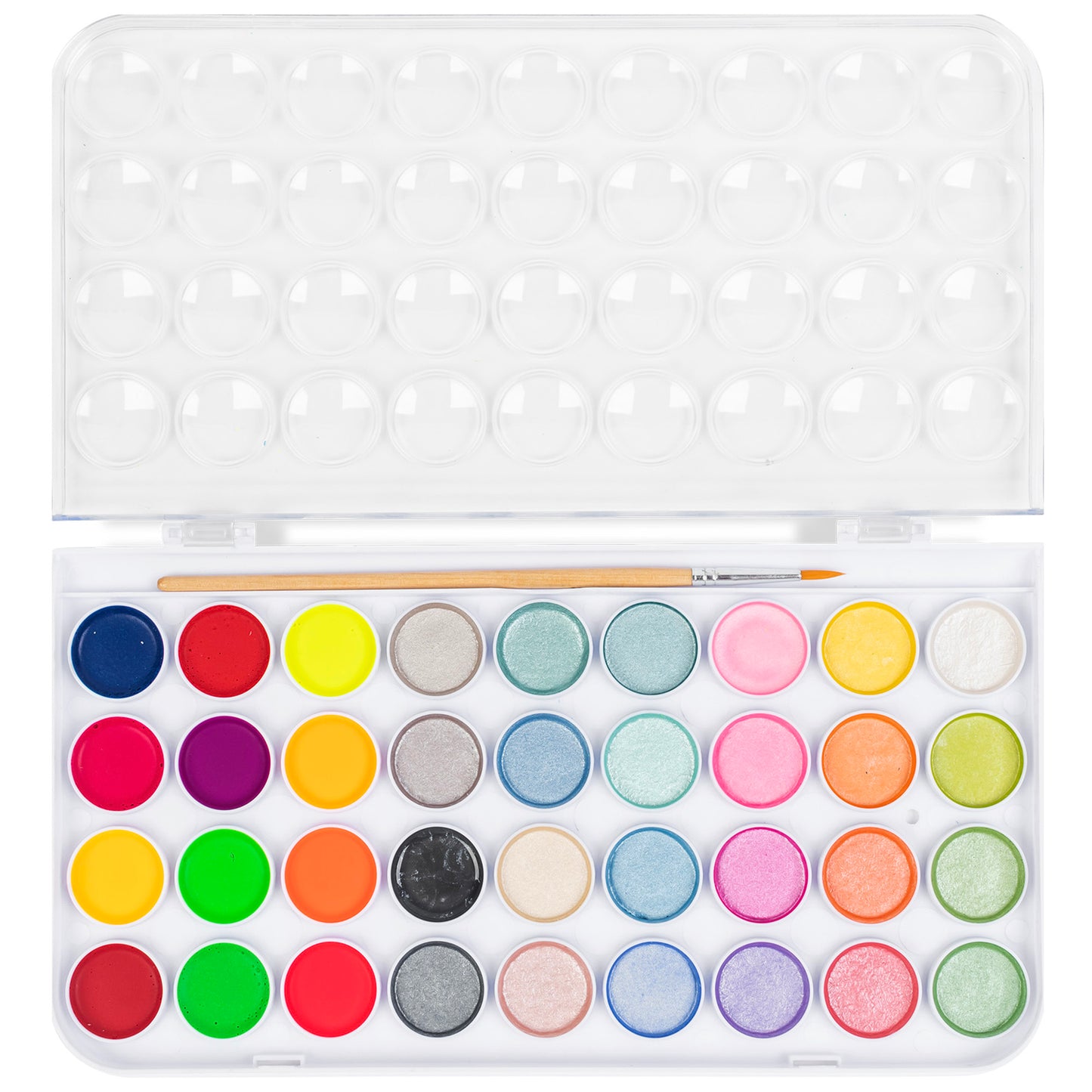 Essential Watercolor Paint Set with 36 neon and metallic colors, brush, and storage case