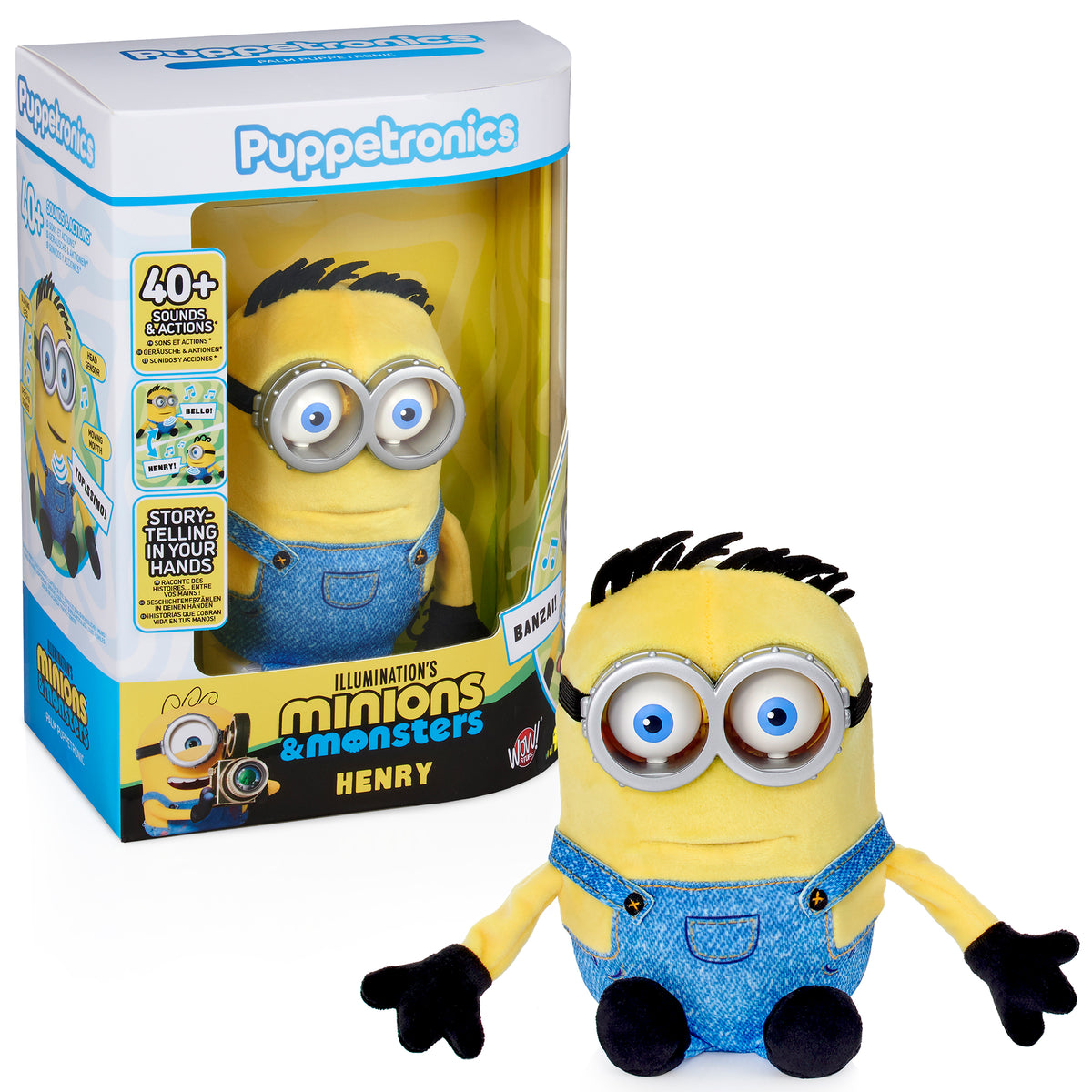 Puppetronics Henry Minion toy with yellow body, blue overalls, large round eyes, and black spiky hair, shown with pac...