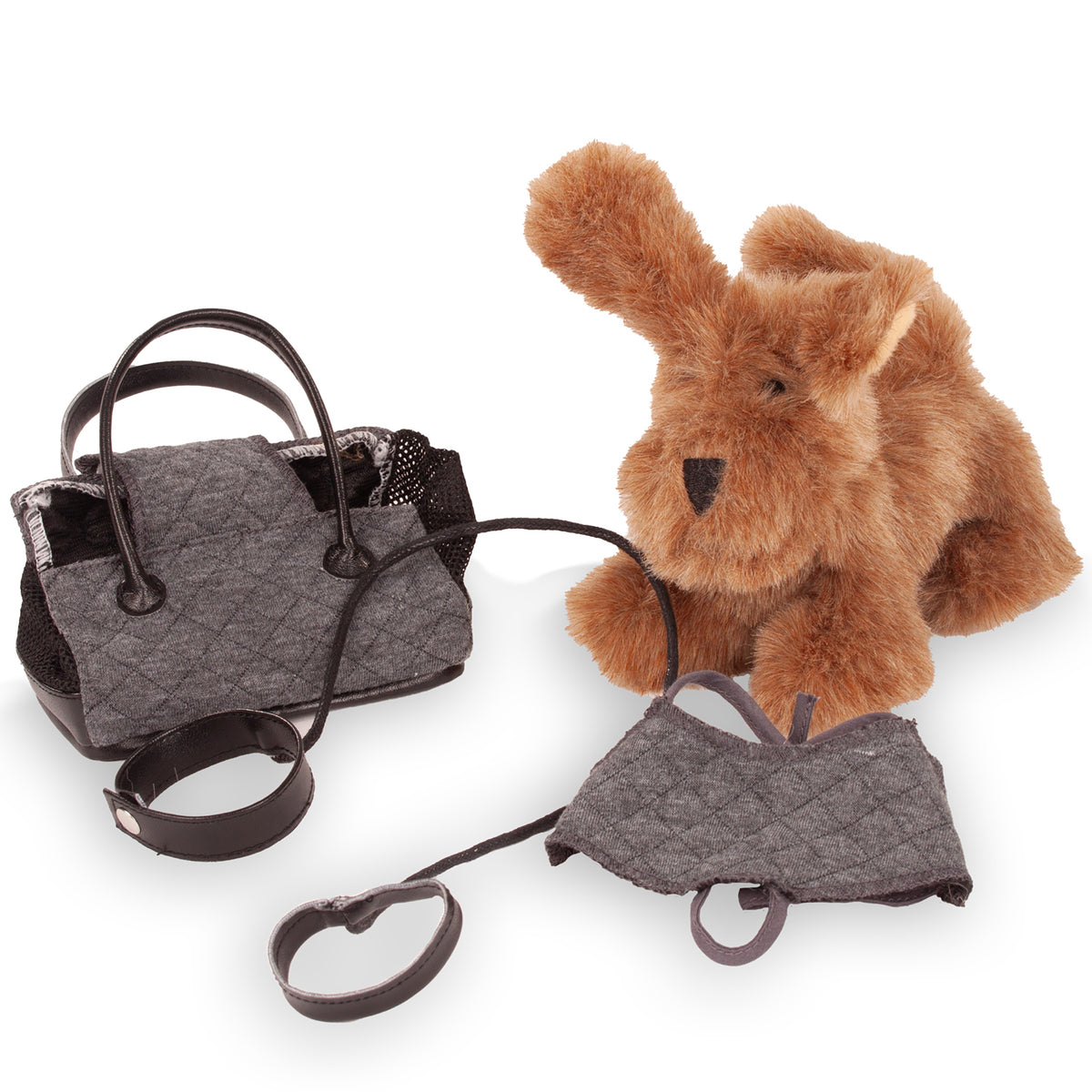 Gotz Hannah doll with brown dog Polly, gray carrier bag and leash accessories