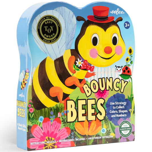 Bouncy Bees board game featuring colorful bee character with red top hat and flowers