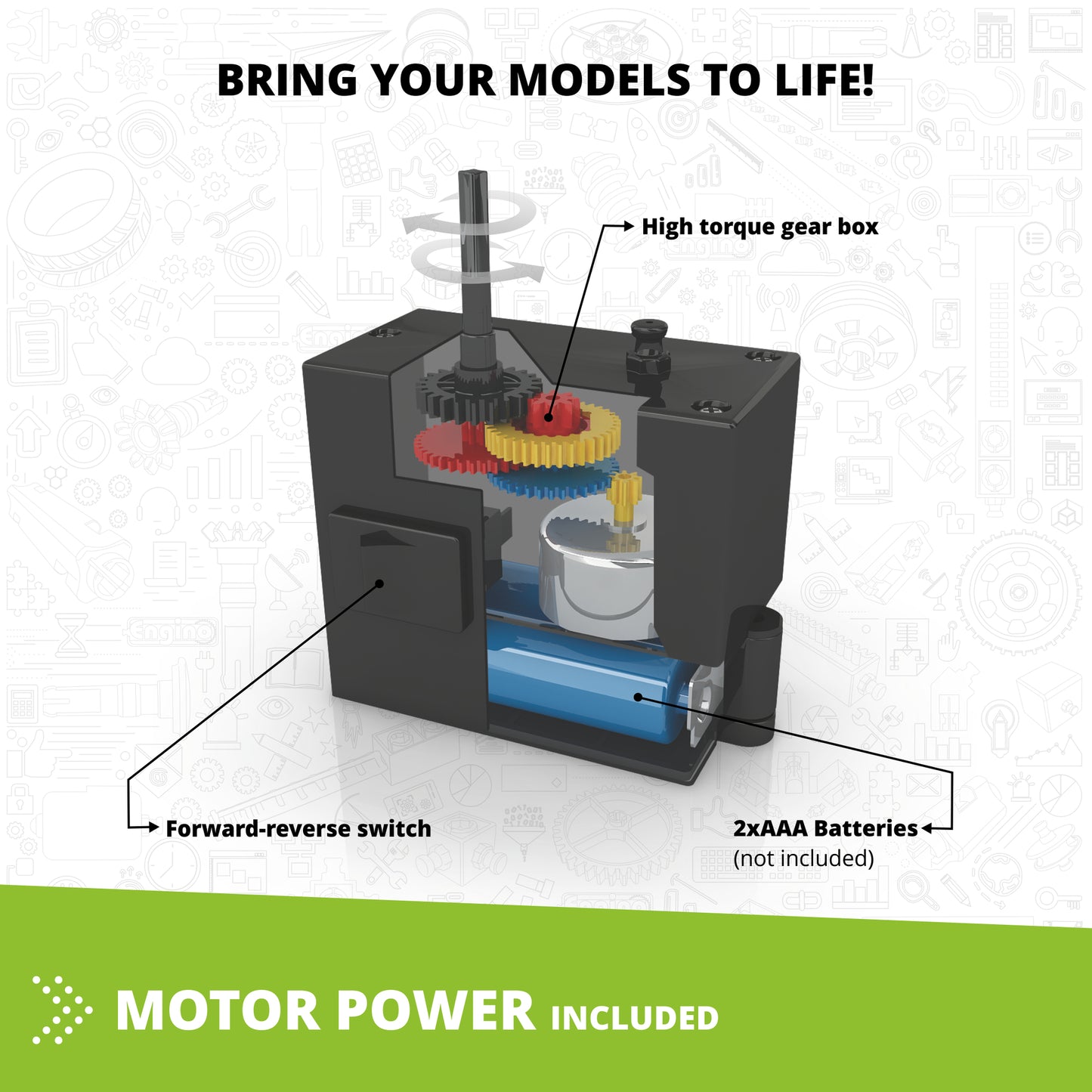 Engino STEM motorized gear box toy with forward-reverse switch and colored gears