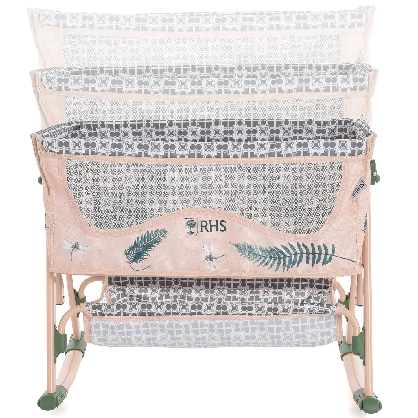 Roma RHS Bedside Crib Fern with mesh sides, pink and green frame, fern pattern
