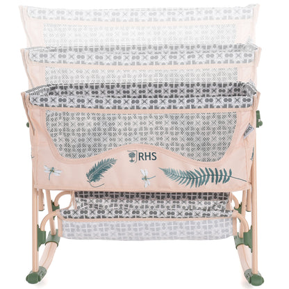 Roma RHS Bedside Crib Fern with mesh sides, pink and green frame, fern pattern
