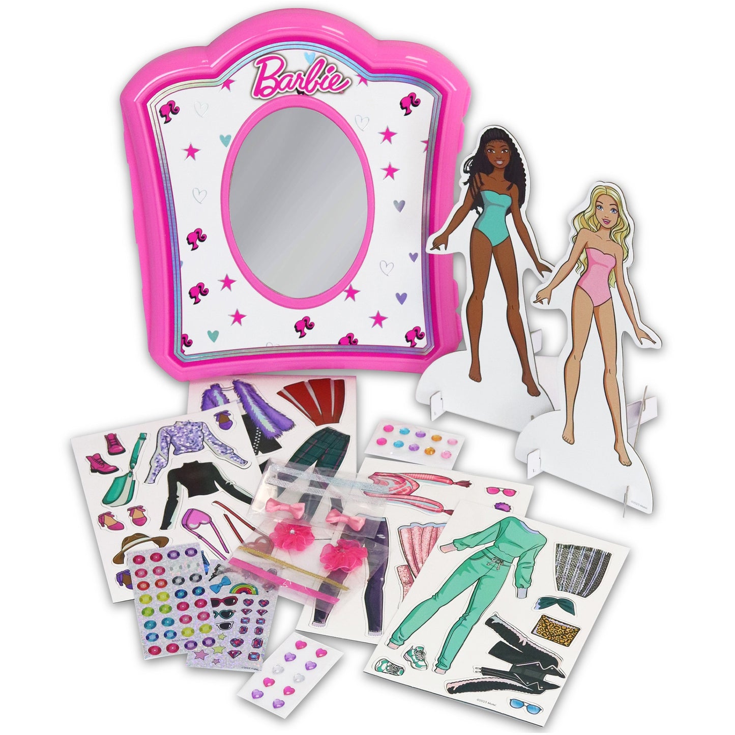 Barbie Magnetic Dress Up Closet Activity with pink mirror, cardboard dolls, and colorful clothing stickers