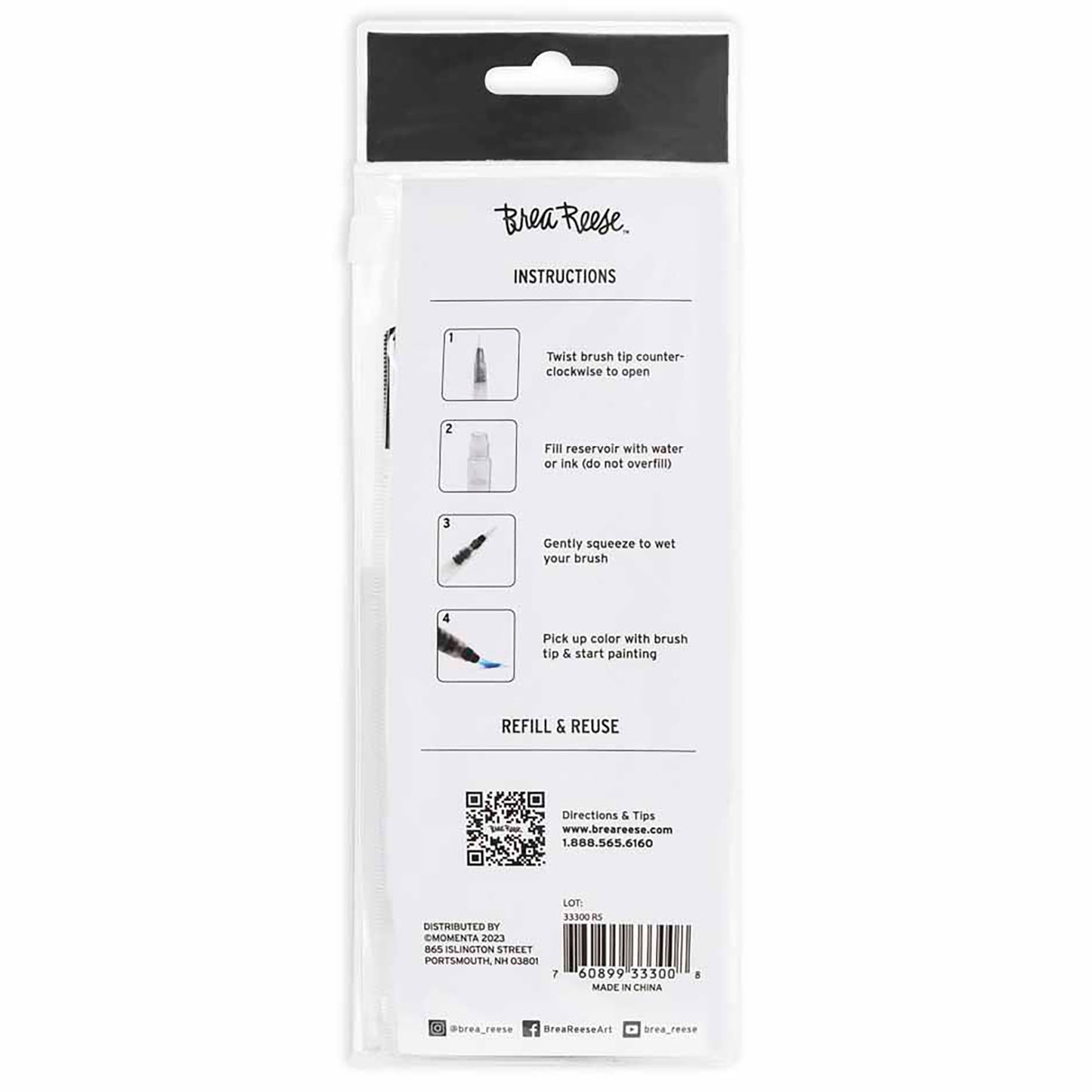 Brea Reese Water Brush Set 3pc with instruction card showing usage steps