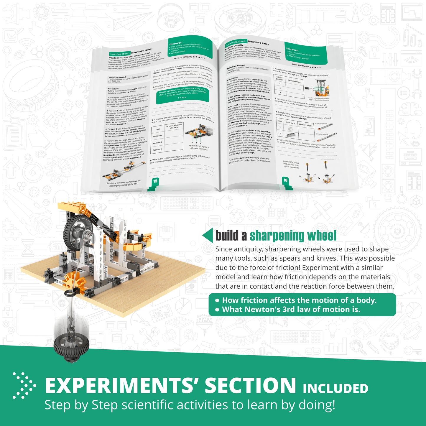 Engino STEM Physics Laws building set with sharpening wheel model and instruction manual pages