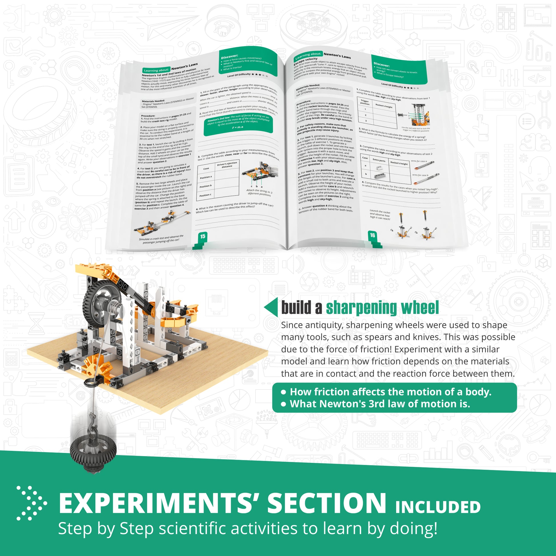 Engino STEM Physics Laws building set with sharpening wheel model and instruction manual pages