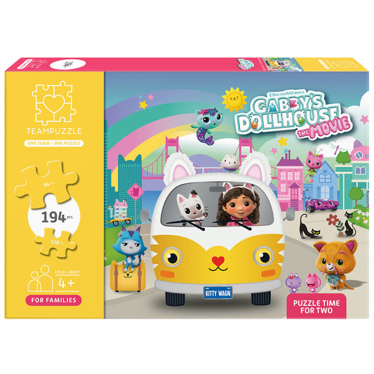 TEAMPUZZLE Dreamworks Gabby's Dollhouse 194pc puzzle featuring colorful cat car and characters for kids 4+