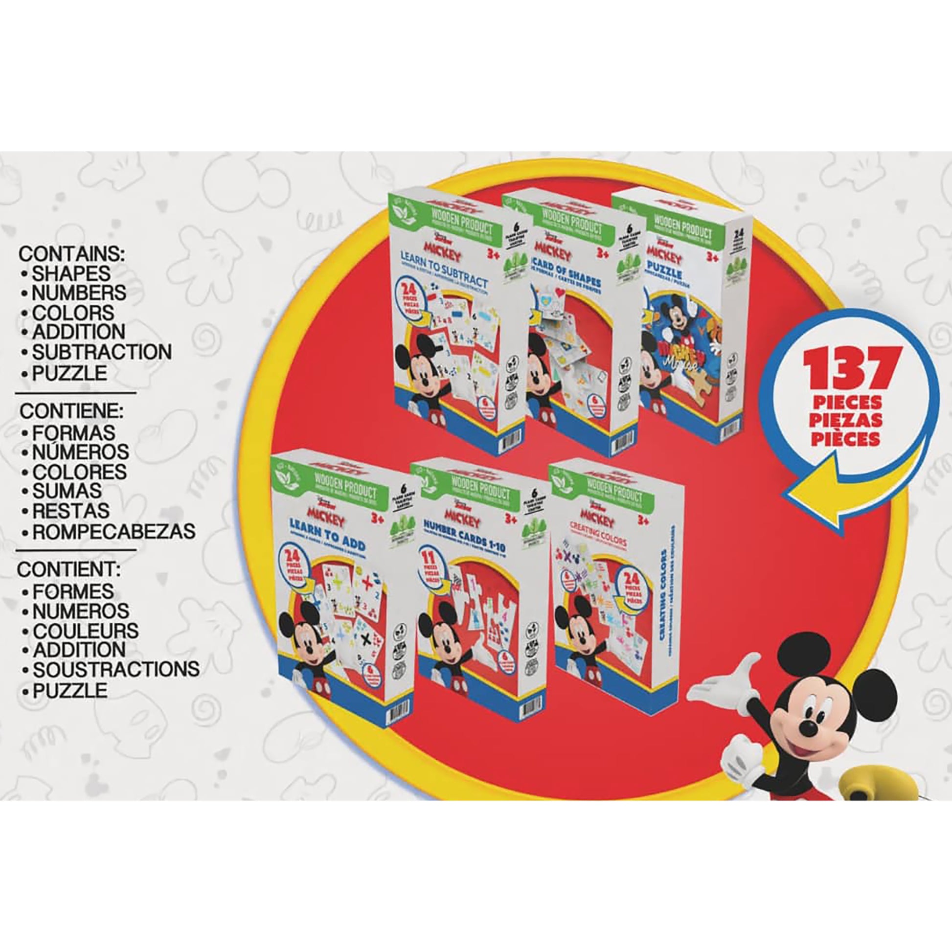 Disney Mickey 6-Pack Learning Games Set with 137 puzzle pieces, featuring shapes, numbers, colors, addition and subtr...