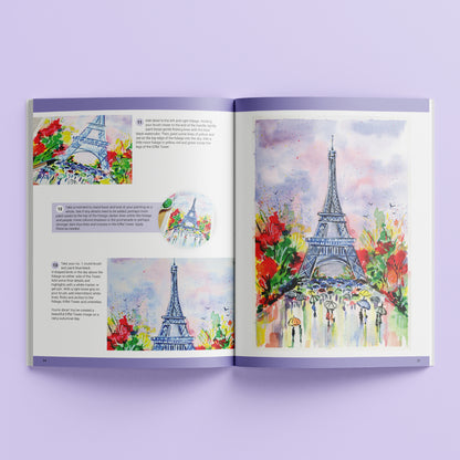 Art Maker Watercolor Painting book showing Eiffel Tower with colorful flowers