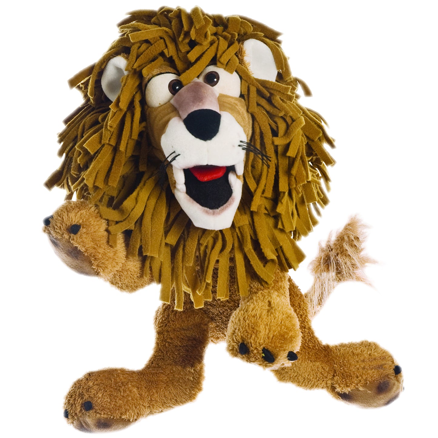 Golden-brown plush hand puppet lion with shaggy mane, white and pink face, black nose and mouth, and articulated limbs
