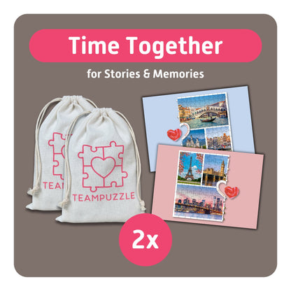 TEAMPUZZLE Cities 194pc jigsaw puzzle set with two drawstring bags and completed puzzle displays on pink and blue bac...