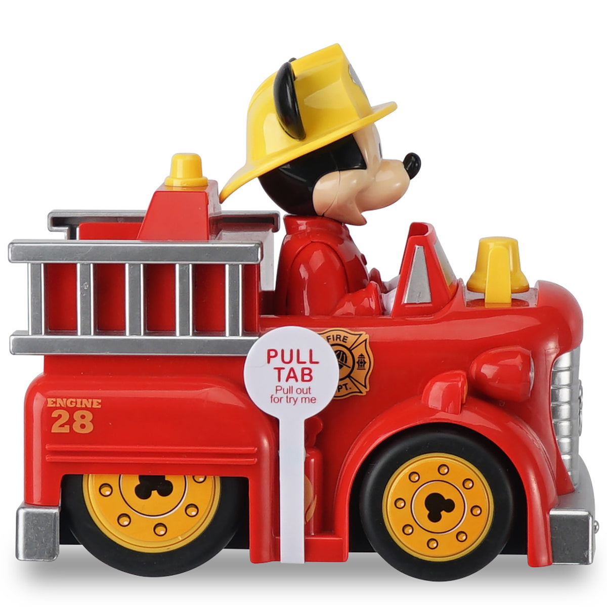 Disney Junior Mickey Mouse red and yellow firetruck toy with Mickey in firefighter hat, labeled Engine 28