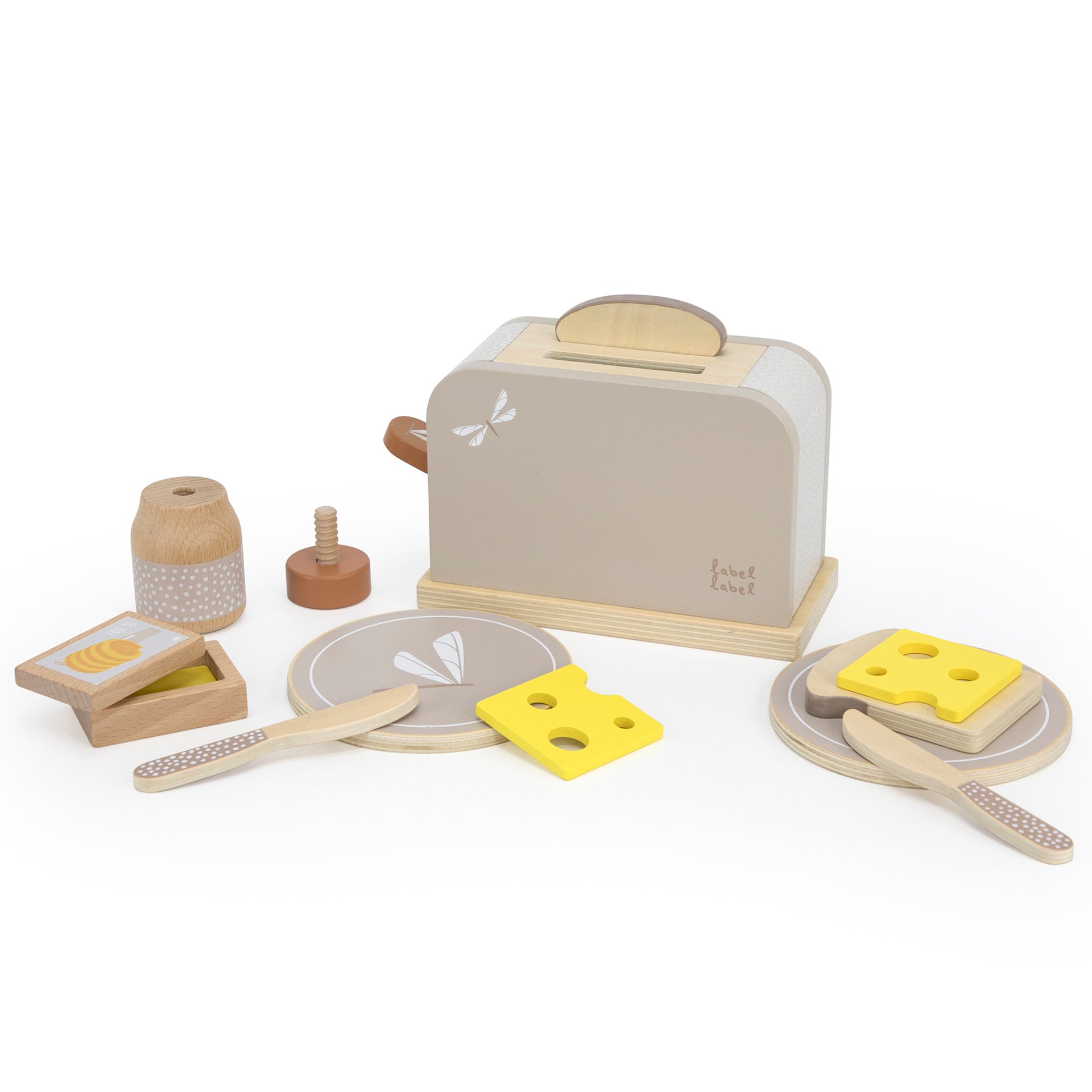 Wooden toaster set with tan and cream toaster, yellow cheese slices, wooden plates, utensils, butter dish, and salt shaker