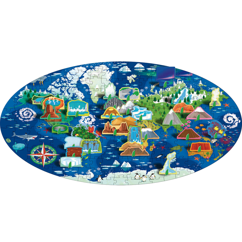 Wonders of Nature Interactive Jigsaw Puzzle oval-shaped with colorful world map, mountains, volcanoes, oceans, wildlife, and illuminated regions showing global