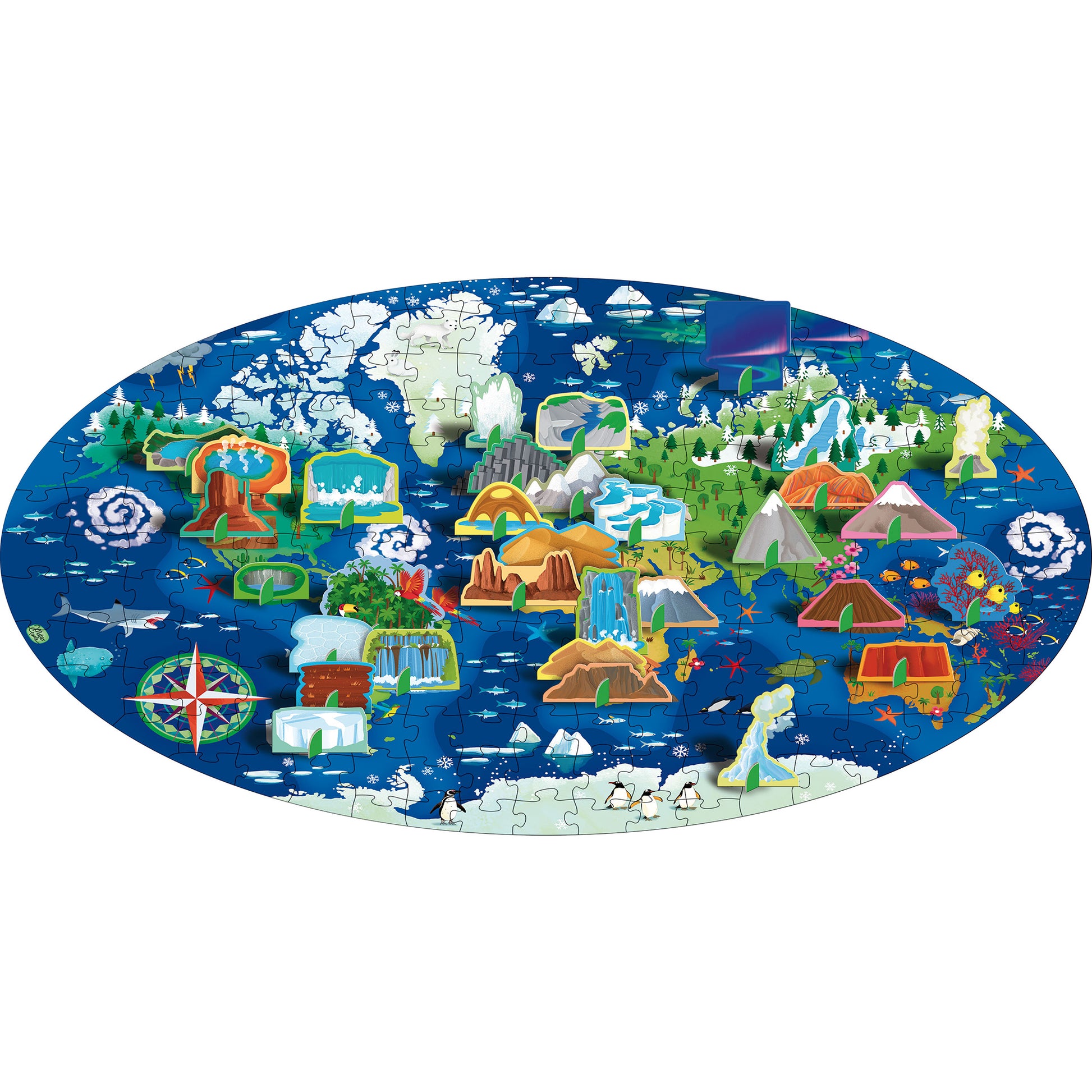 Wonders of Nature Interactive Jigsaw Puzzle oval-shaped with colorful world map, mountains, volcanoes, oceans, wildlife, and illuminated regions showing global