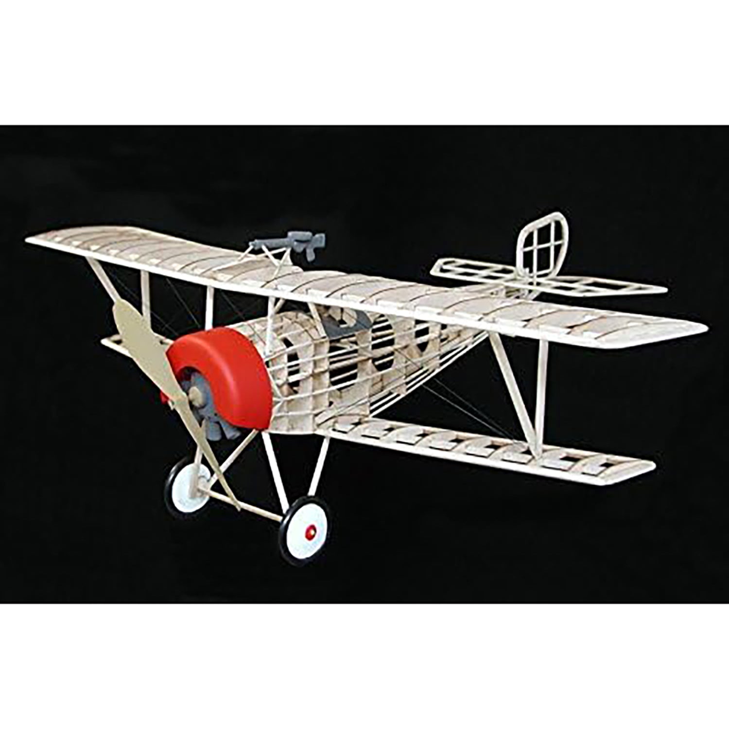Guillow's Nieuport II WWI Fighter balsa wood model kit with red engine and white wings