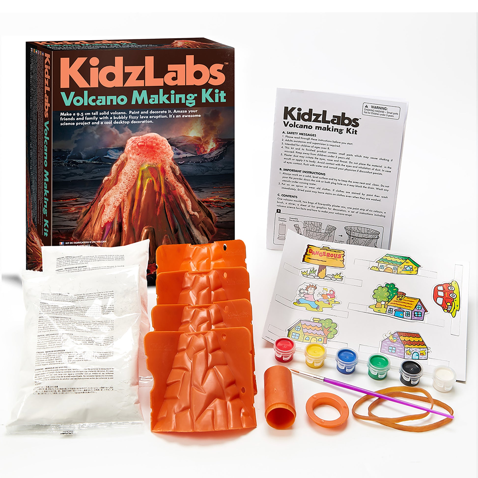 KidzLabs Volcano Making Kit with orange volcano mold, paints, brushes, and instruction manual