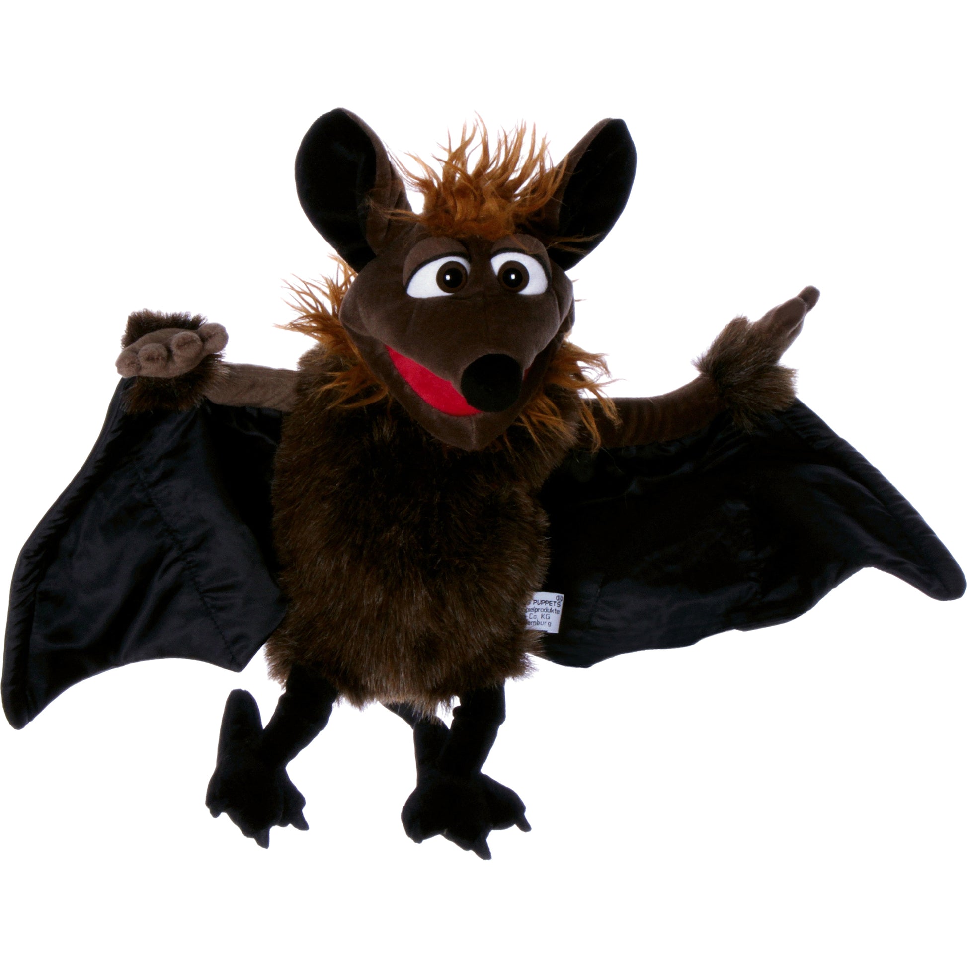 Brown and black plush bat puppet with spiky hair, large pointed ears, white eyes, red mouth, and black wings spread wide