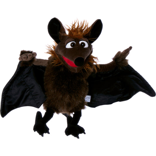 Brown and black plush bat puppet with spiky hair, large pointed ears, white eyes, red mouth, and black wings spread wide