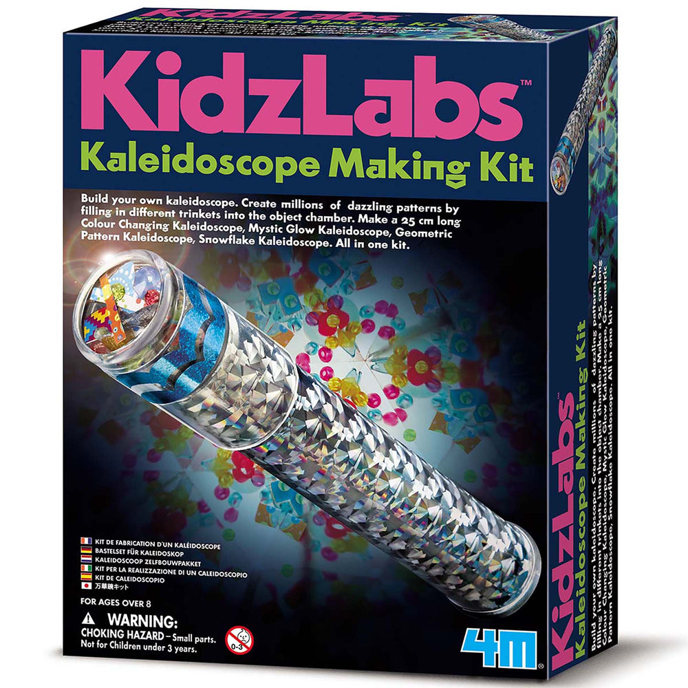 KidzLabs Kaleidoscope Making Kit box showing assembled kaleidoscope with blue and white geometric pattern and colorful beads visible through the lens