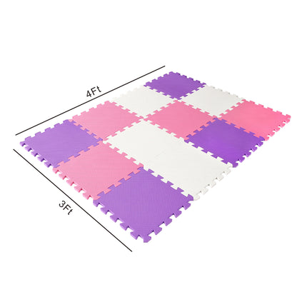 Easy Playhouse 12-Piece Soft Foam Interlocking Floor Tiles Play Mat in purple, pink, and white