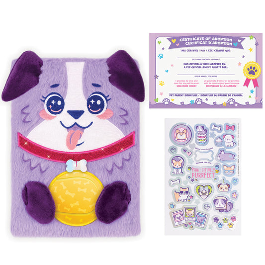 Purple plush dog with dark purple ears, white face, blue eyes, pink cheeks, red smile, and yellow belly pouch, shown with adoption certificate and sticker sheet