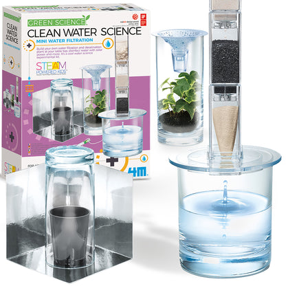 Green Science Clean Water Science mini water filtration kit showing boxed packaging and assembled filtration system with layered filtration chambers, sand, char