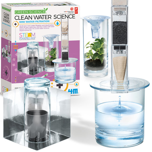 Green Science Clean Water Science mini water filtration kit showing boxed packaging and assembled filtration system with layered filtration chambers, sand, char