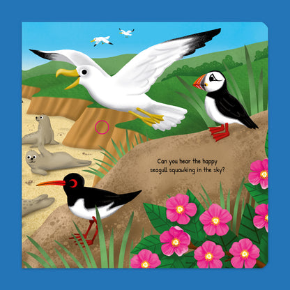 Listen & Discover Book - The Sea with colorful seagulls, puffins, and seals illustration