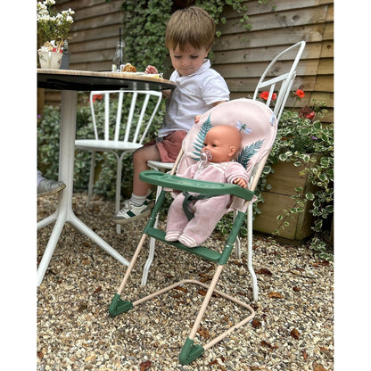 Roma RHS High Chair Fern with doll, green and white design in garden setting