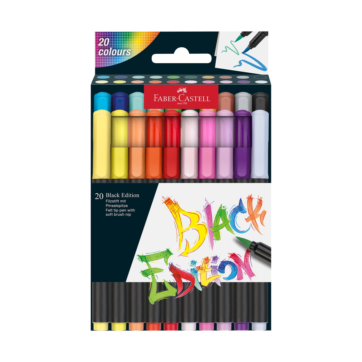 Faber-Castell Black Edition Brush Markers 20-color set with felt tip pens in assorted colors including yellow, orange, red, pink, purple, blue, and white arrang