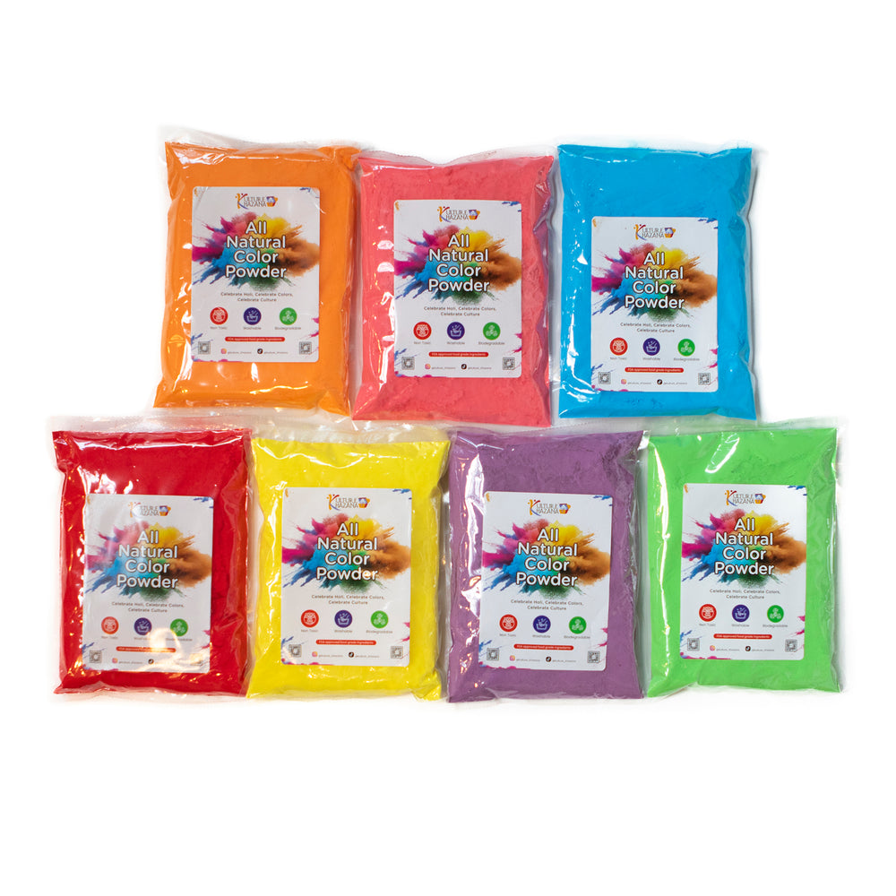 Holi Color Powder 7-pack with 1lb bags in orange, red, pink, blue, yellow, purple, and green
