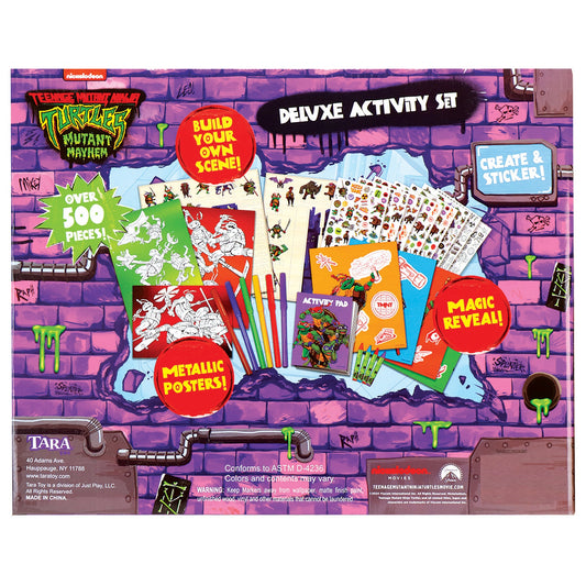 TMNT Deluxe Activity Set with stickers, posters, coloring pages and markers on purple brick background