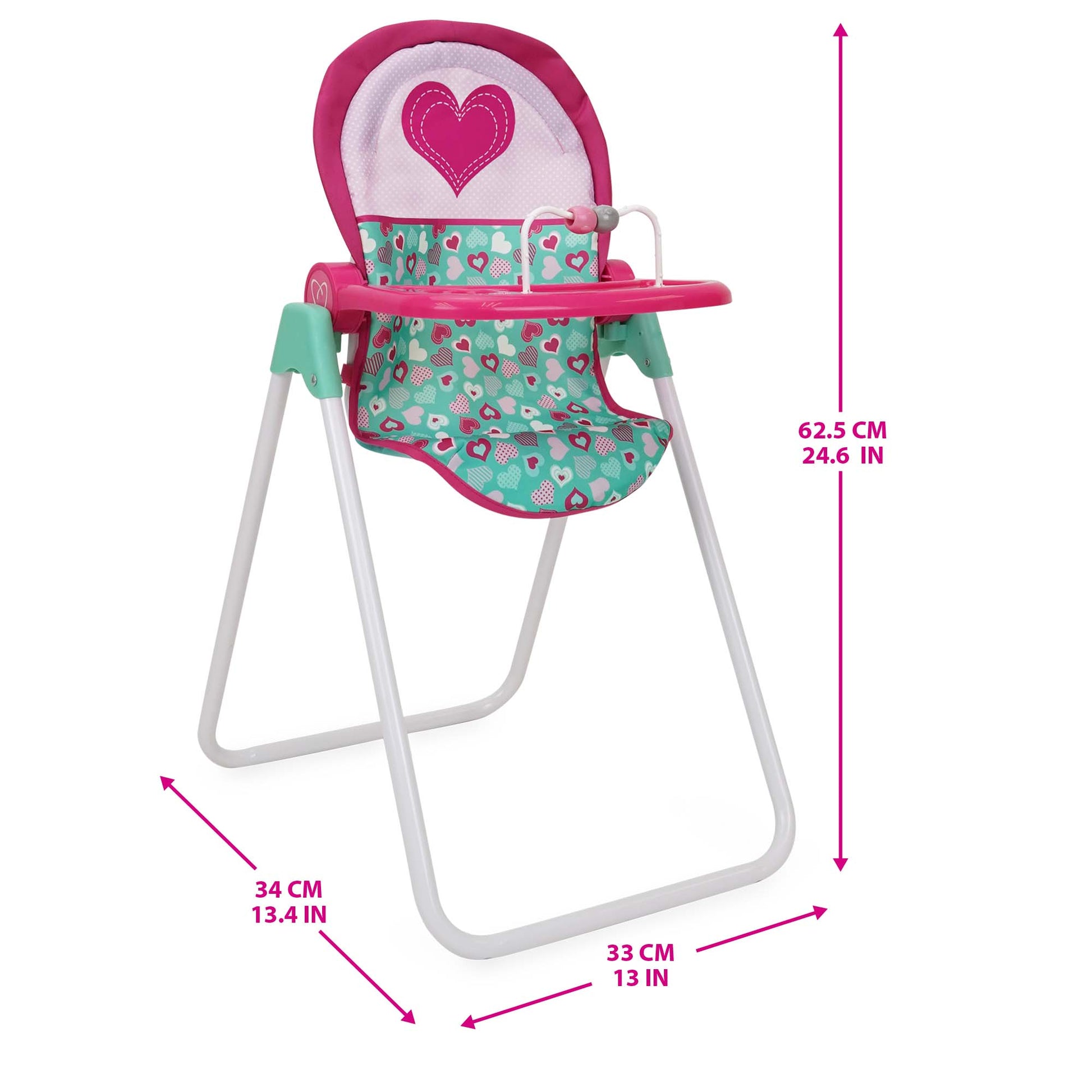 Mint Heart Foodie Doll Highchair with pink and turquoise heart pattern, includes feeding accessories