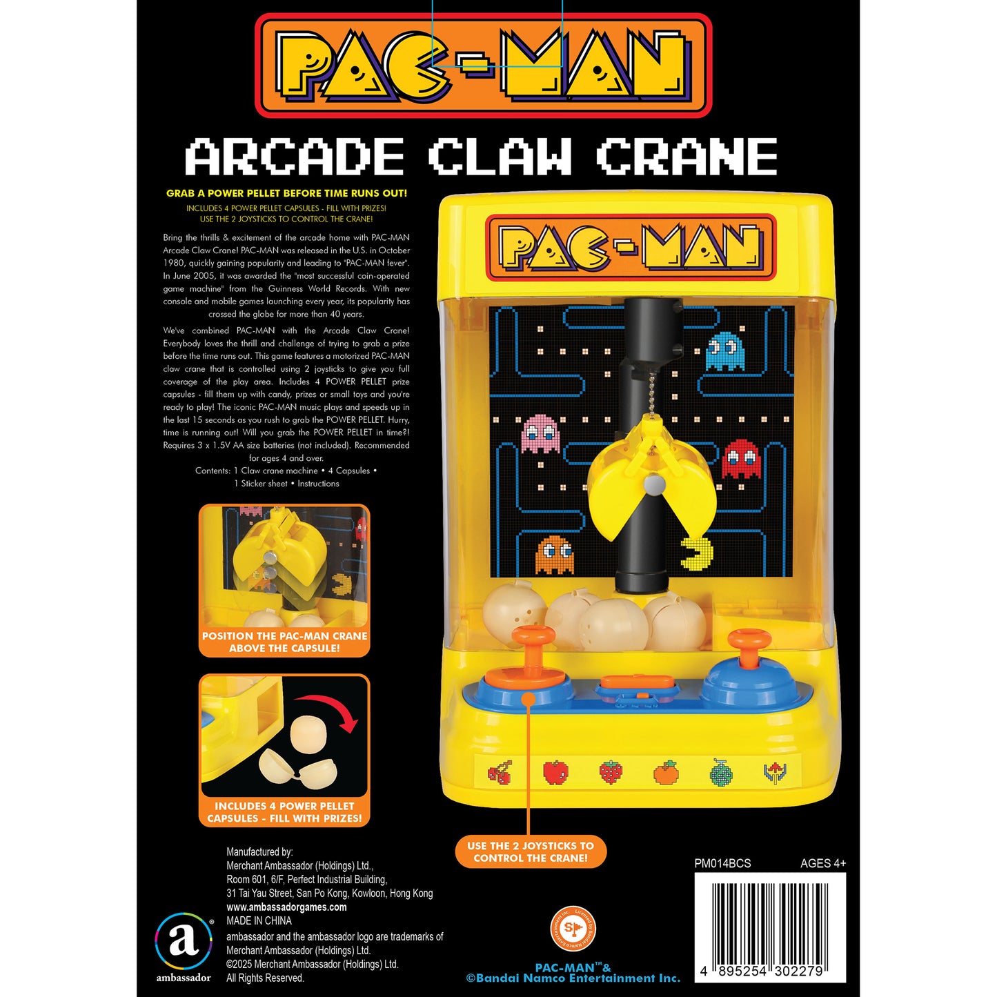 Pac-Man Arcade Claw Crane yellow handheld game with joystick controls and prize capsules