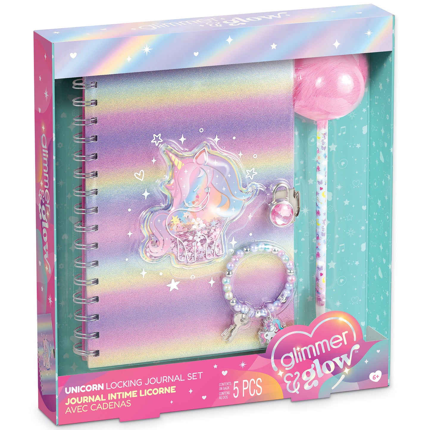 Glimmer & Glow Unicorn Locking Journal Set with pink pom pom pen and charm bracelet