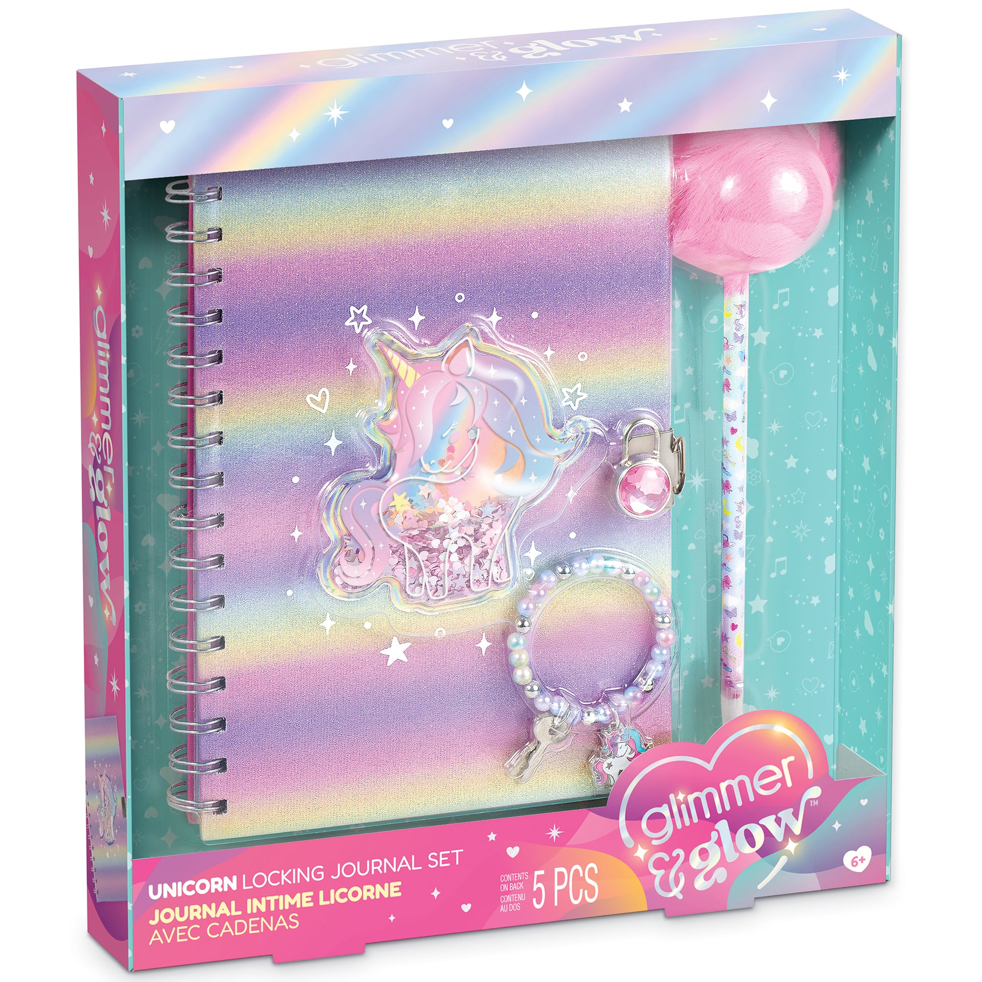 Glimmer & Glow Unicorn Locking Journal Set with pink pom pom pen and charm bracelet