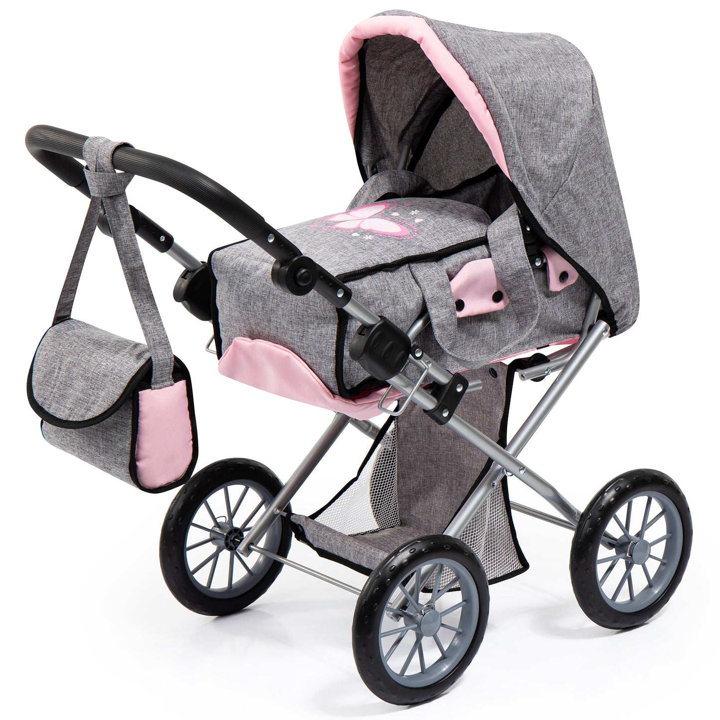 Gray and pink doll pram with canopy hood, black wheels, silver frame, and matching diaper bag