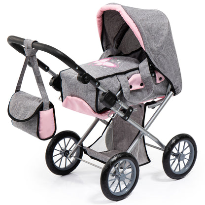 Gray and pink doll pram with canopy hood, black wheels, silver frame, and matching diaper bag