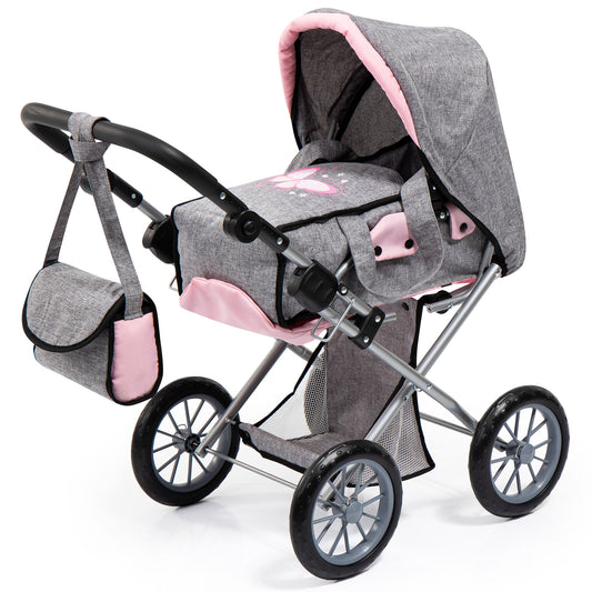 Gray and pink doll pram with canopy hood, black wheels, silver frame, and matching diaper bag