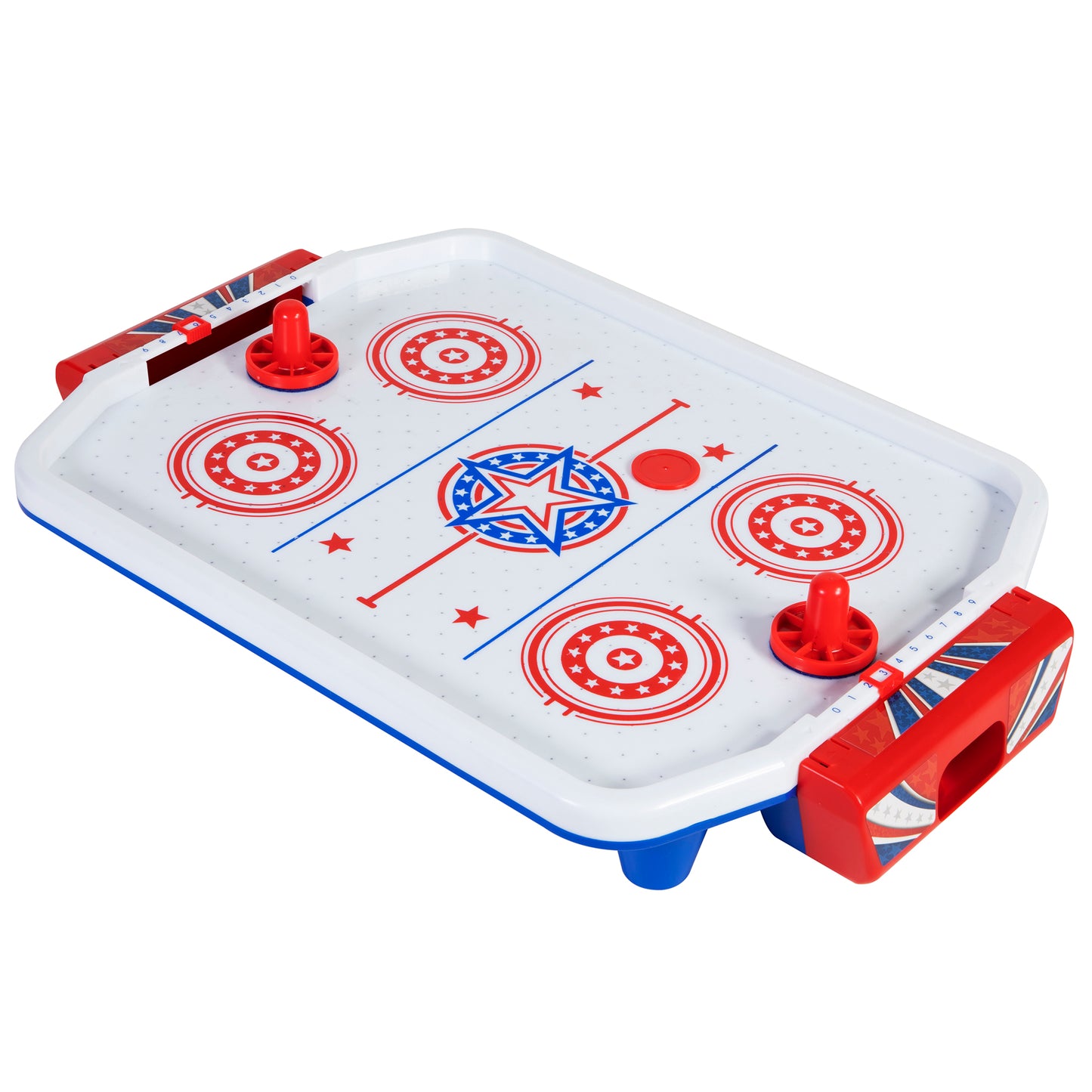 Tabletop air hockey game with red and blue frame, white playing surface with red and blue star design, two red pusher handles, and red dome pucks