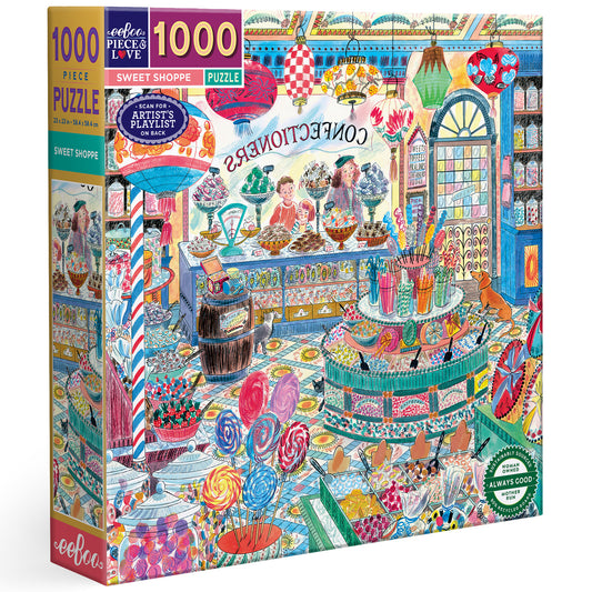 Piece&Love Sweet Shoppe 1000 Piece Puzzle with colorful candy shop illustration and box packaging