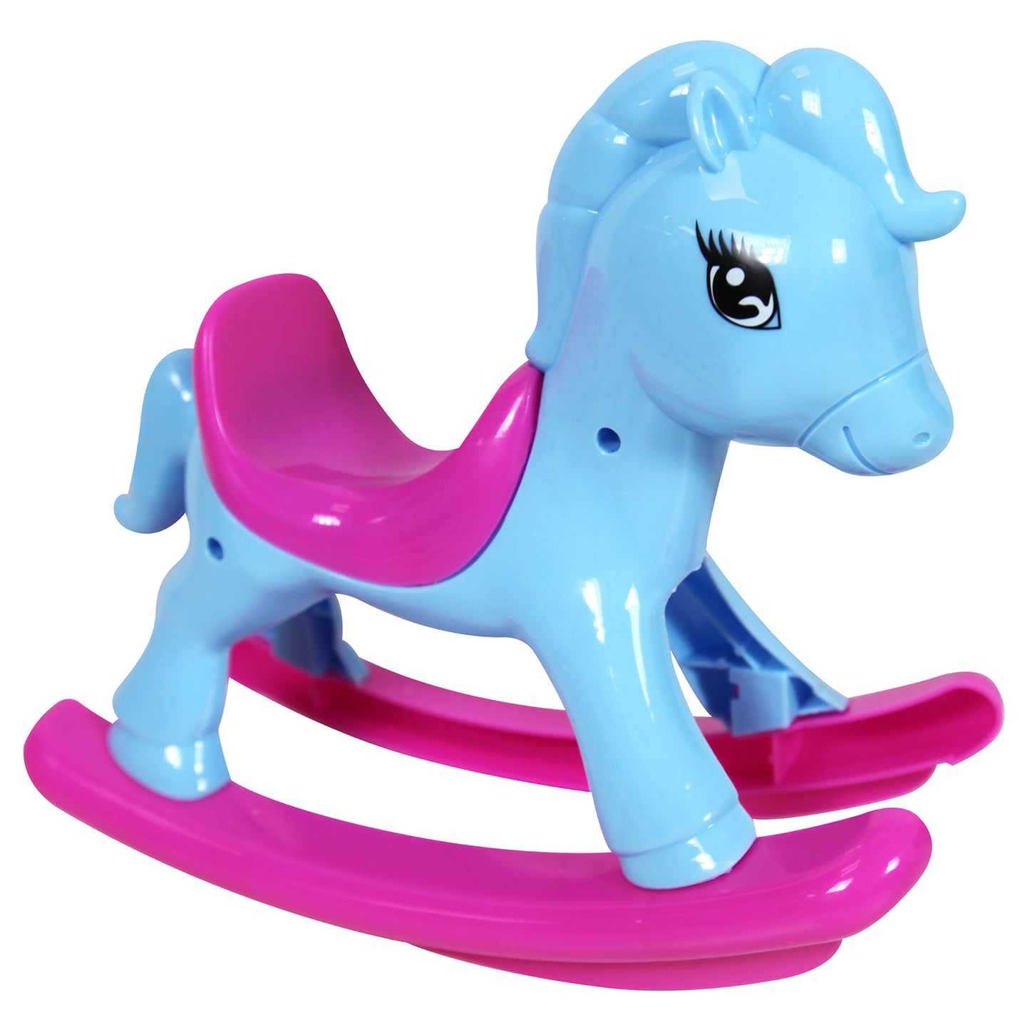 Blue rocking horse toy with magenta mane and tail on pink curved rockers