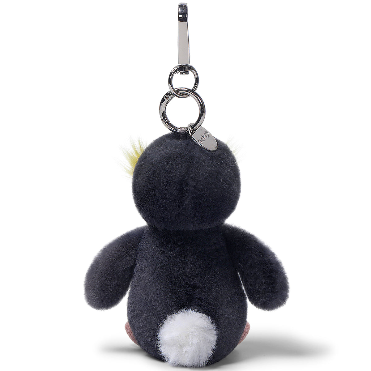 McHugs Macaroni Penguin Bag Charm Plush with black body, white belly, and yellow head tuft, attached to silver keycha...