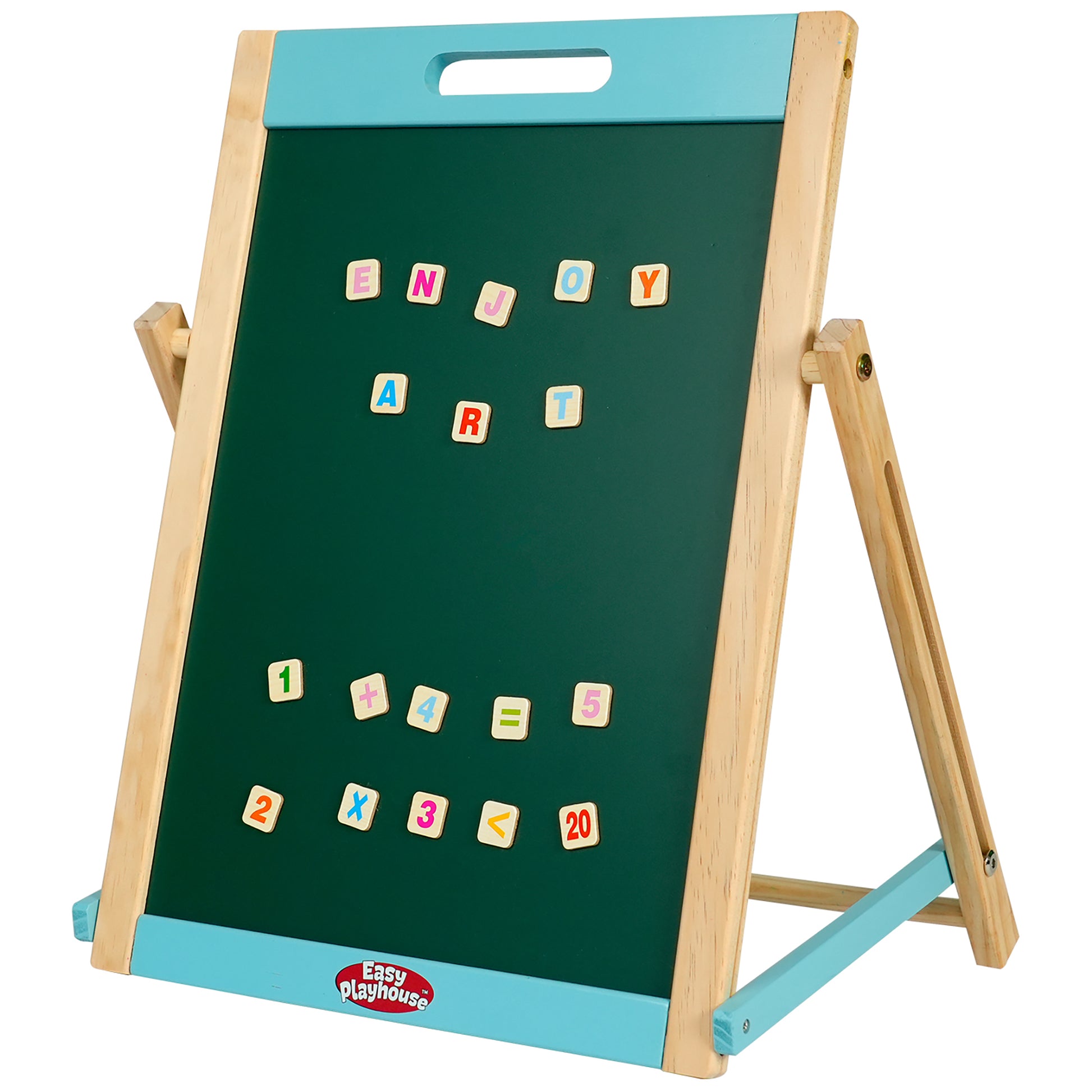 Wooden easel with turquoise trim and natural wood frame, featuring double-sided board with green chalkboard displaying colorful letter and number tiles