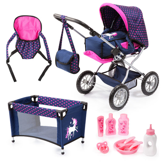 Doll stroller set with navy and pink heart pattern includes stroller, play pen, backpack carrier, shoulder bag, and doll accessories