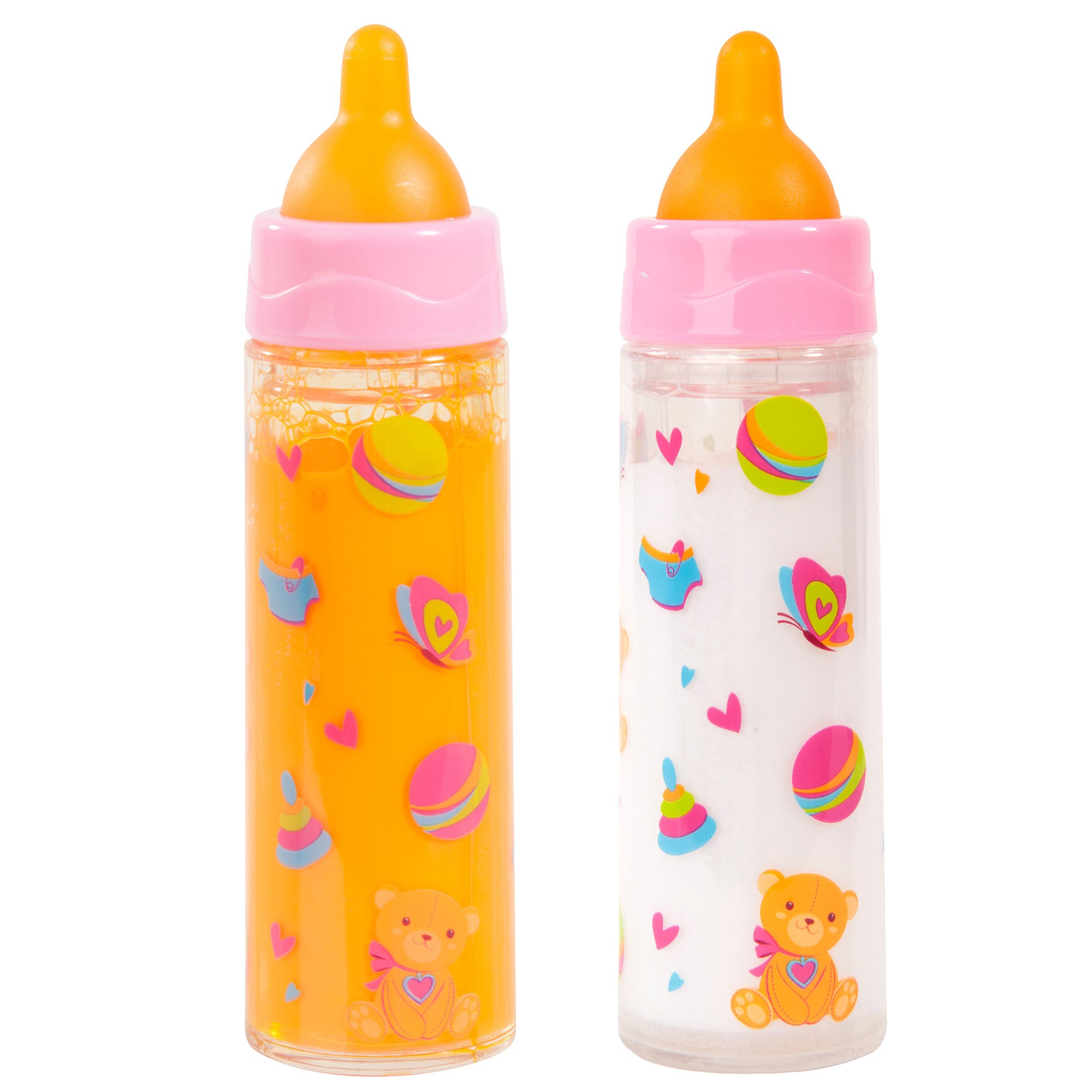 Two doll feeding bottles with pink caps and yellow nipples; left bottle has orange liquid with colorful toys and teddy bear design; right bottle has clear liqui