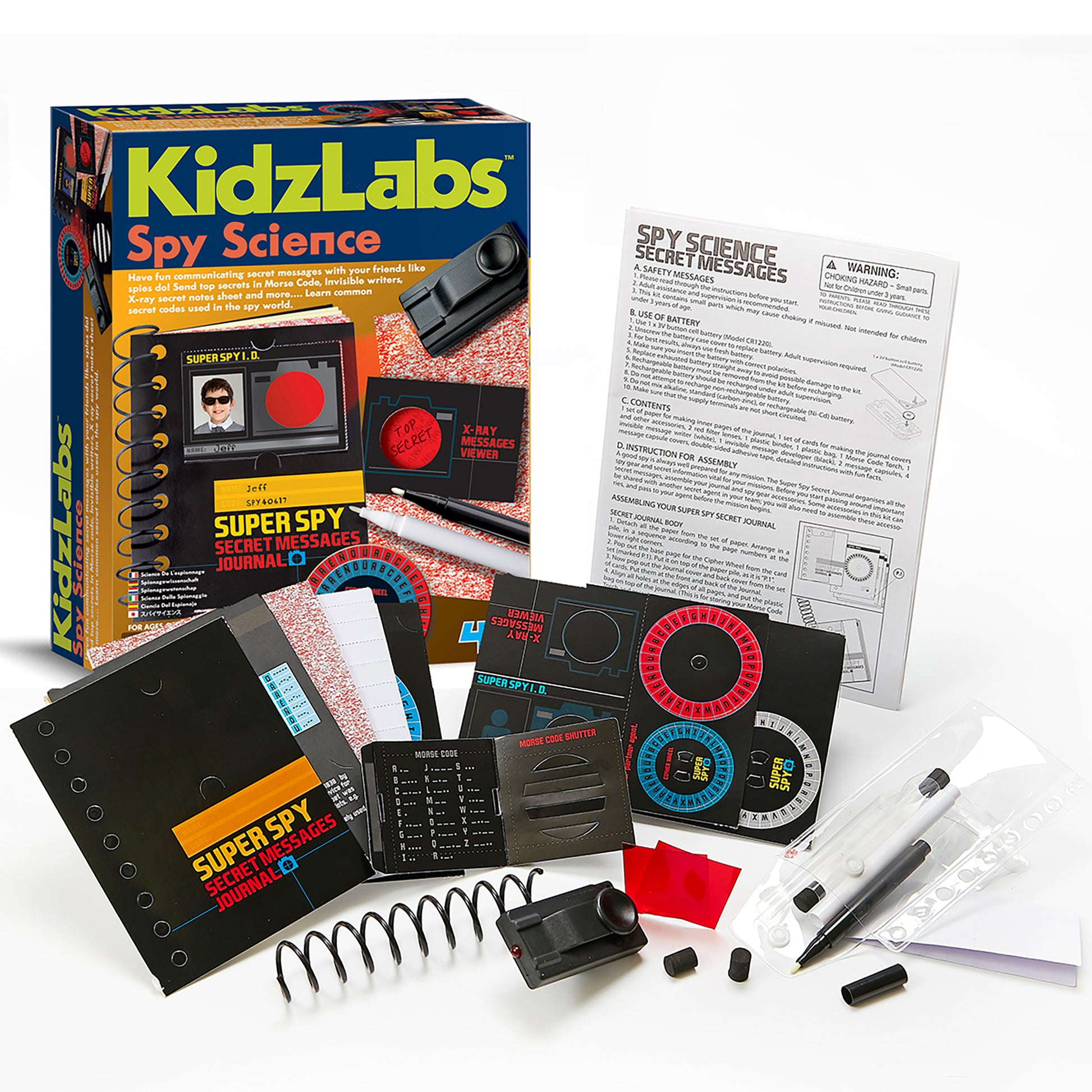 KidzLabs Spy Science kit with secret messages journal, decoder tools, and X-ray viewer